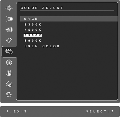 Kontroll Beskrivning Color Adjust (färgjustering) tillhandahåller flera färgjusteringslägen: förinställda färgtemperaturer och User Color (användarfärg) som ger dig möjlighet att justera rött (R),