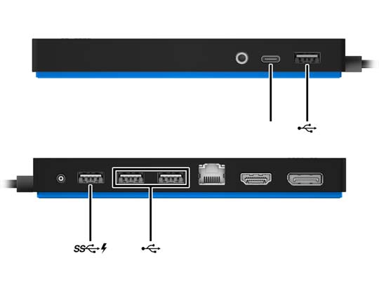 Ansluta USB-enheter Dockningsstationen har fem USB-portar: en USB 3.0- och två USB 2.0-portar på bakpanelen och en USB Type- C- och en USB 2.0-port på frontpanelen.