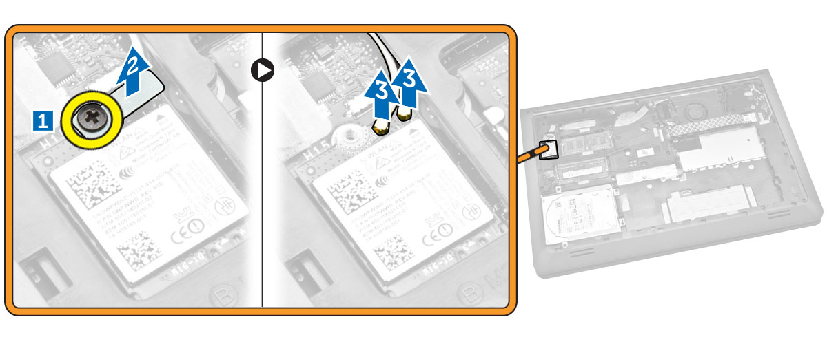 4. Ta bort WLAN-kortet från datorn. Installera WLAN kortet 1. Sätt in WLAN-kortet i dess kortplats i datorn. 2.