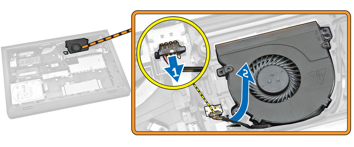 Koppla bort fläktkabeln från datorn [1]. b. Dra bort kabeln från facket [2]. 5.