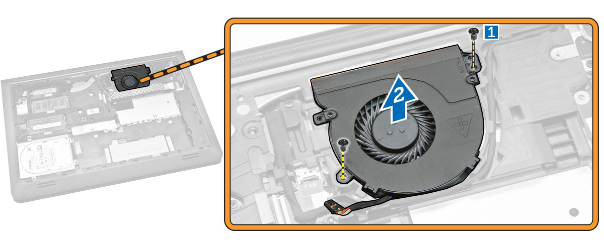 Installera systemfläkten 1. Placera systemfläkten i dess plats på datorn. 2. Dra åt skruven som håller fast systemfläkten i datorn. 3. Dra kabeln till dess plats. 4. Anslut fläktkabeln till datorn. 5.