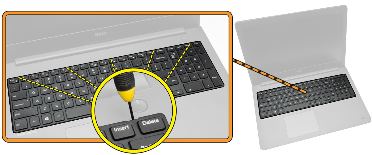 4. Utför följande steg som visas i illustrationen: a. Lyft ut tangentbordet ur datorn [1]. b. Vänd på tangentbordet för att komma åt tangentbordskabeln [2]. 5.