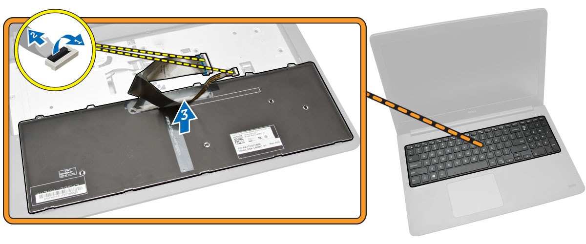 Installera tangentbordet Procedur OBS: Om du installerar ett nytt tangentbord, lägg ihop kablarna på samma sätt som de är ihoplagda på det gamla tangentbordet. 1.