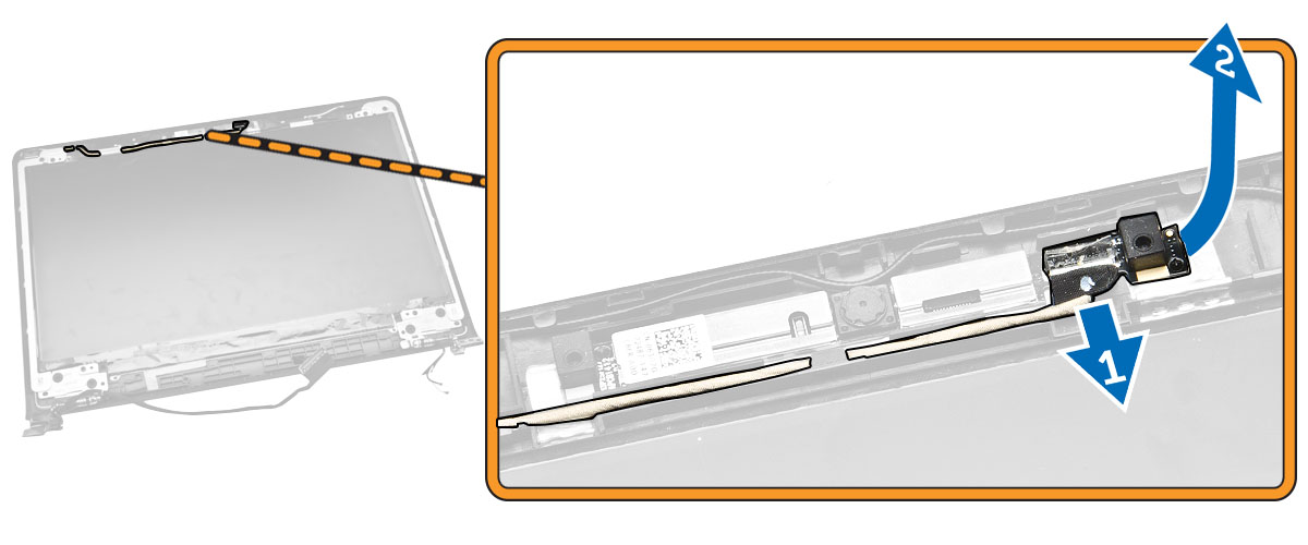 b. Batteri c. Bildskärmsram 3. Utför följande steg som visas i illustrationen: a. Koppla ur kamerakabeln från kontakten på kameramodulen [1]. b.