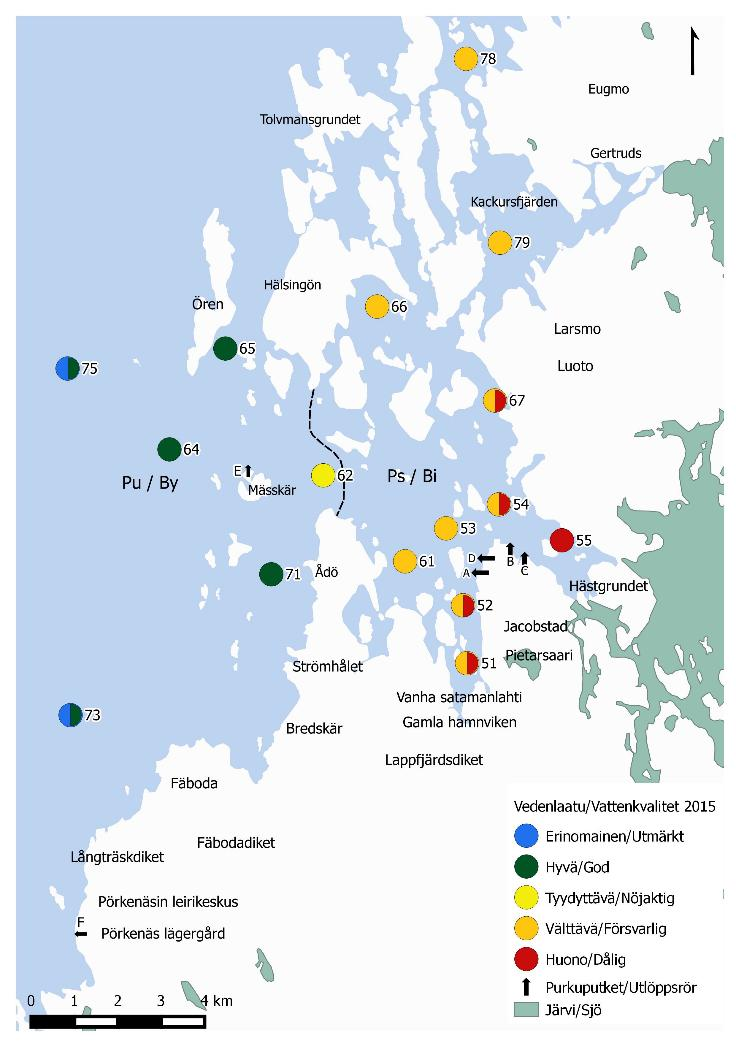 Jämförelseperioden 2011 2015 25 I tabellerna 6 och 7 samt på kartbottnet i figur 23 presenteras placeringen av observationspunkterna från samkontrollen av havsområdet utanför Jakobstad i klasserna