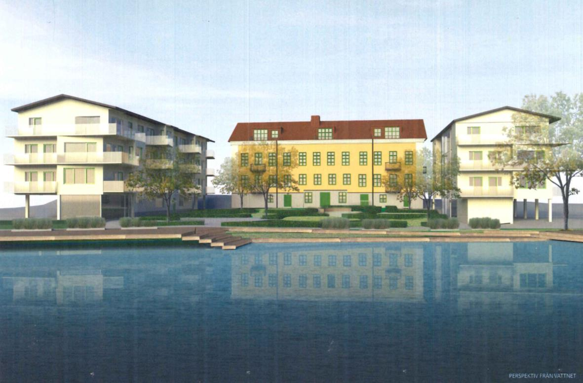 Fig. 9 Idéskiss, vy från sydväst från Lindesjön. Illustrationen är det förslag som vann arkitektuppdraget. Tina Wik Arkitekter AB.