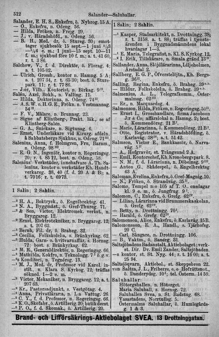 ., 512 Salander-c-Saluhallar. SalaOnder, E..H. S., Eilkefru, ö. Nybrog. 15 A. l S l' 2 S bl' -., Enkefru, Il, Odeng. 56. - a ID; a m. ('<1 Hilda, Fröken, n. Frejg. 29. 1 _', '7 'lf;j(i - J., v.