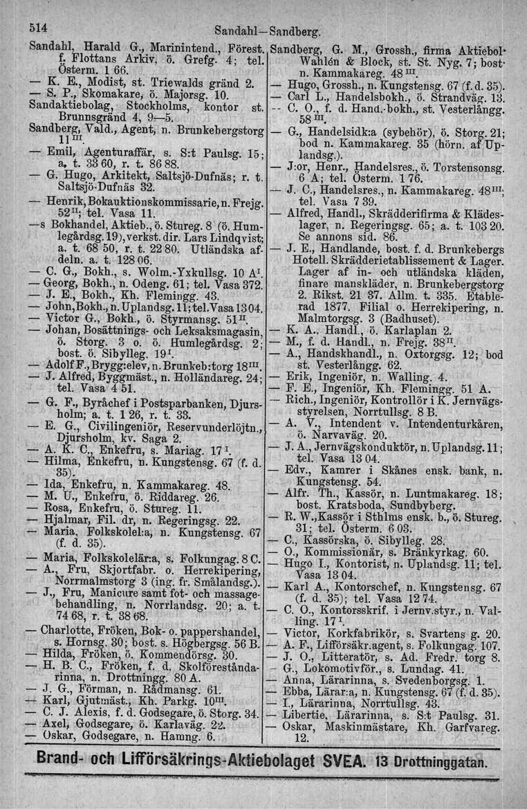 514 Sandahl-Sandberg. Sandahl, Harald G., Marinintend., Förest. Sandberg, G. M., Grossh., firma Aktiebol' f~flottans Arkiv, ö. Grefg. 4; tel.l. WahIen & Block, st. St. Nyg. 7; bost Osterm, 1 66. n.