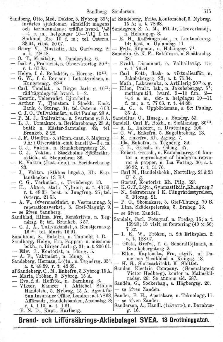 Sandberg-s-Sanderson. 515 Sandberg, Otto, Med. Doktor, ö. Nybrog. 39'; af Sandeberg, Frits, Kontorschef, ö. Nybrog. invärtes sjukdomar, särskildt magens 15 A; a. t. 7868.