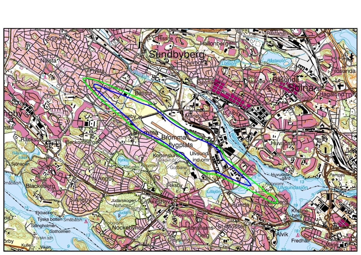 (svart), bullerkurvan för FBN 60 (blå) och Leq 57 (grön) baserat på flygtrafiken