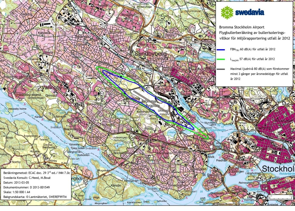RAPPORT 2014-07-04 01.00 D 2014-003875 8(21) Figur 3. Bullerkurvan för maximal ljudnivå 80 db(a) (svart), bullerkurvan för FBN 60 (blå) och Leq 57 (grön) baserat på flygtrafiken 2012.