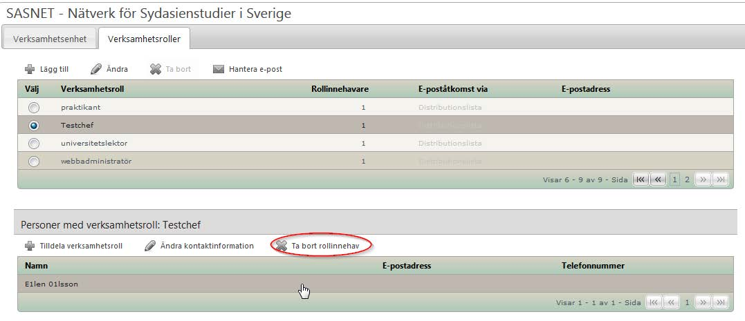 2.8.2.8 Ta bort innehav av verksamhetsroll För att ta bort innehav av verksamhetsroll; markera verksamhetsrollen och den person