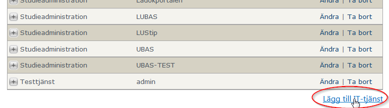 2.10.1 Lägg till IT-tjänst För att skapa en ny IT-tjänst väljer man menyalternativet IT-tjänster i vänstermenyn, samt klickar på länken Lägg till IT-tjänst.