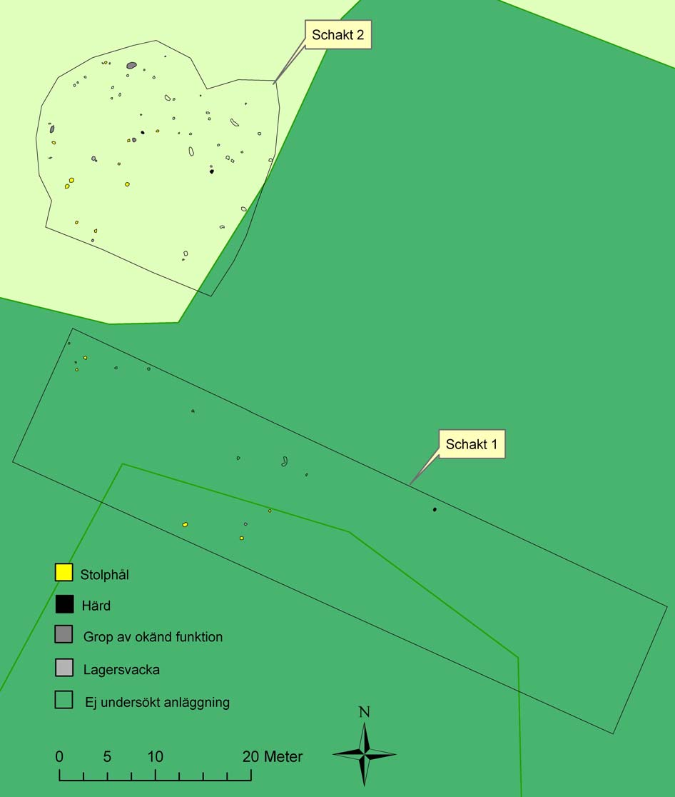 Figur 6. Schaktplan från förundersökningen med samtliga inmätta anläggningar.