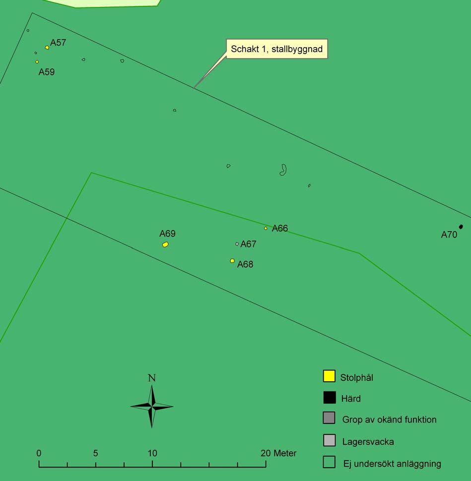 Figur 7. Schakt 1 med samtliga inmätta anläggningar, undersökta anläggningar numrerade. Jämför tabell 2.