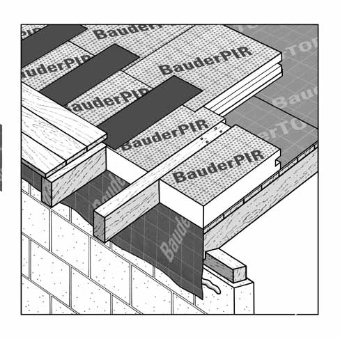 Lufttät takkantsutformning På följande sidor beskrivs hur man lägger ett lager av BauderPIR. För att undvika köldbryggor måste man se till att kil och kilspår pressas tätt ihop.
