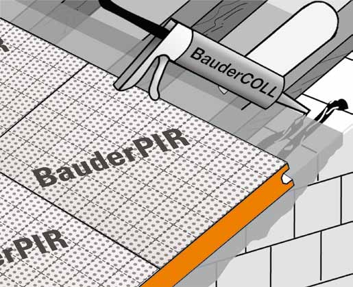 Lufttät uppbyggnad av gavelsprånget Det lufttäta lager som har lagts ovanpå sparrarna (vid läggning av BauderPIR på sparrar antingen BauderVap ångbroms eller Bauder ångbroms 220, vid läggning av