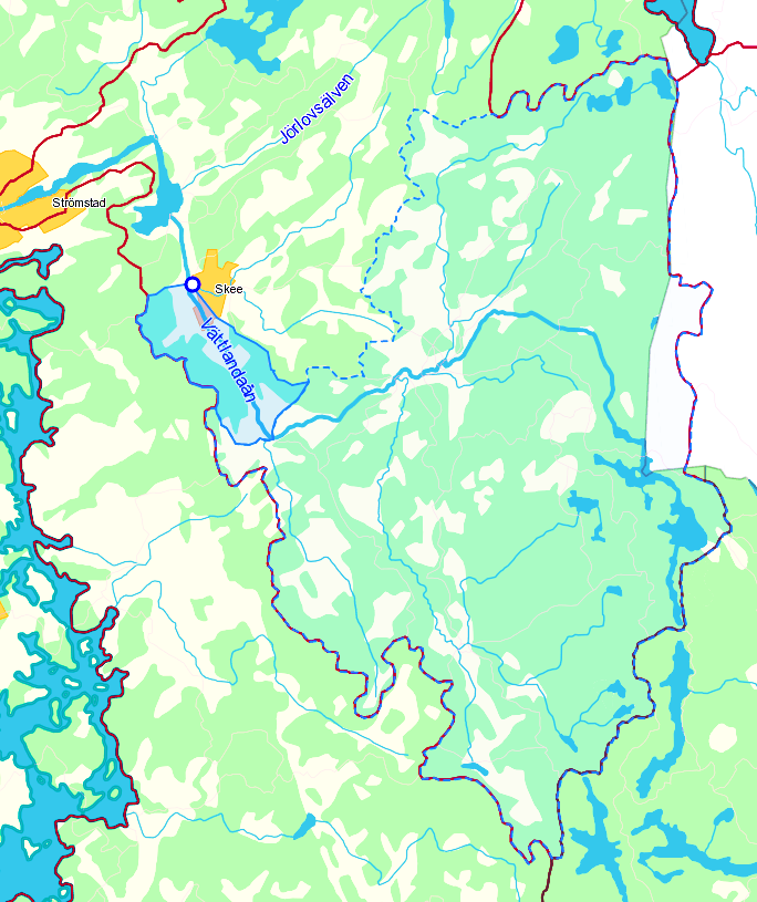 Vättlandsåns avrinningsområde från SMHIs vattenwebb (både det mörkt och svagt skuggade området). 5.4.
