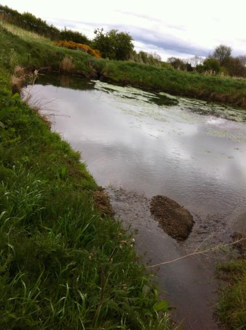 Damm med mindre trumma genom höjd fördämning uppströms Belford, England. Anläggningen släpper vattendragets medelflöde genom trumman, medan större flöden däms upp.