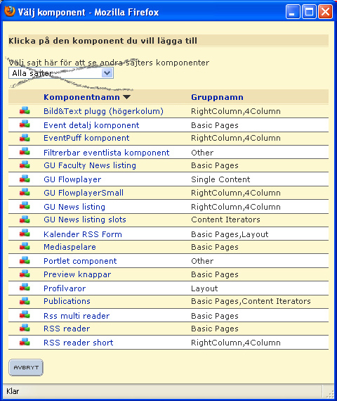 Komponentlista Som skribent/redaktör har man rättighet att lägga in komponenter i högerspalten.