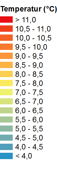 4 Temperatur 4.1 Årsmedeltemperatur Observerat 1961-1990 Årsmedeltemperatur är medelvärdet av varje års medeltemperatur beräknat utifrån dygnsmedeltemperatur.