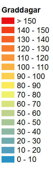 4.10 Graddagar för kylning Observerat 1961-1990 Graddagar för kylning är summan av hela årets dygnsmedeltemperaturer över 20 C.