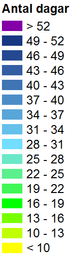 5.6 Antal dagar med mer än 10 mm nederbörd Observerat 1961-1990 Kartorna visar medelvärdet av varje års totala antal dagar då nederbörden överstiger 10 mm.