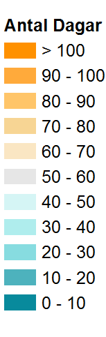 7.6 Antal dagar med lågvatten Beräknat 1961-1990 Antal dagar då tillrinningen är lägre än medellågtillrinningen för perioden 1963-1992.