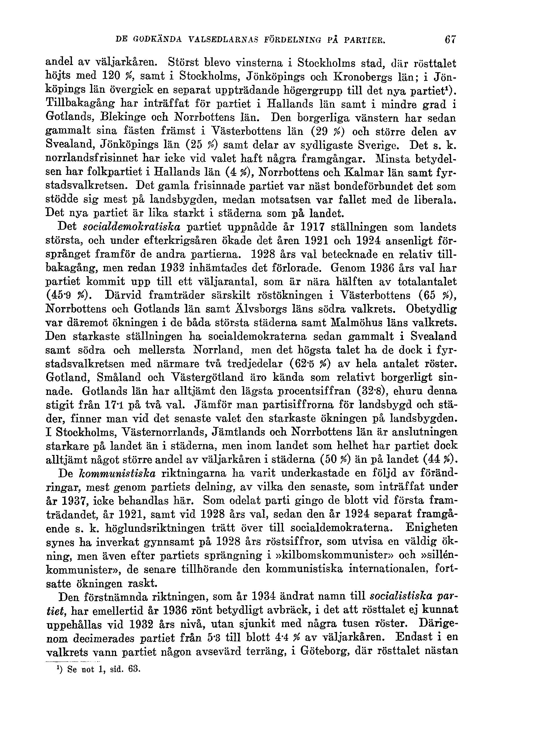 DE GODKÄNDA VALSEDLARNAS FÖRDELNING PÅ PARTIER. 67 andel av väljarkåren.