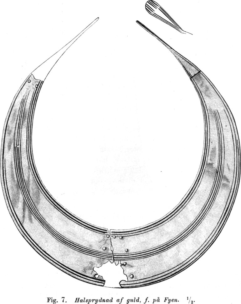 136 OSCAR MONTELIUS. funnit bronscelter, prydda med alldeles liknande trianglar, som äro fylda med streck, parallela med basen.1 Fig. 7. Halsprydnad af guld, f. på Fyen.
