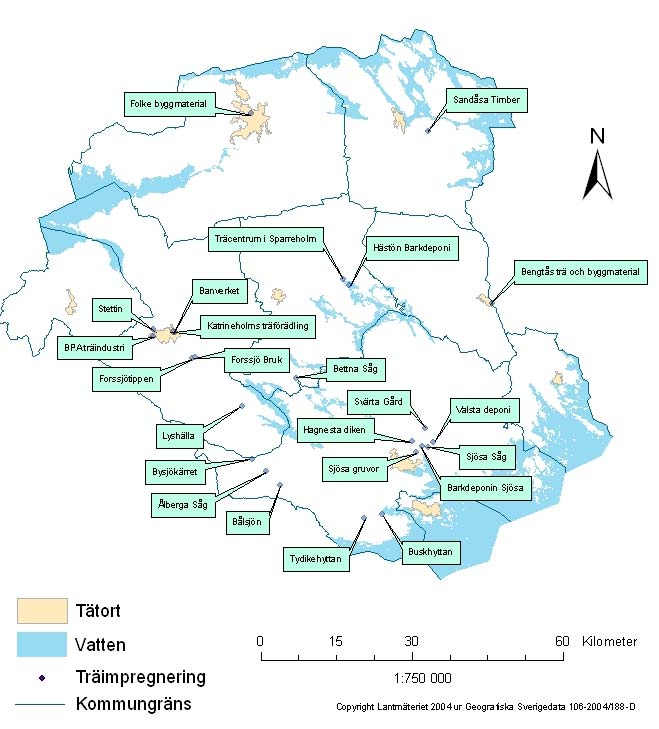 Träimpregneringsverksamheter i Södermanland Figur 8. Karta över misstänkt förorenade områden knutna till träimpregneringsverksamhet.