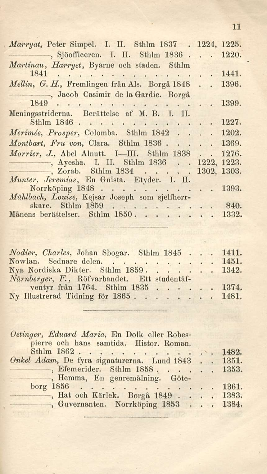 1224 1222 1396 Marryat Peter Simpel I 11 Sthlm 1837 1225 Sjöofficeren I 11 Sthlm 1836 1220 Martinan Harry et Byarne och staden Sthlm 1841 1441 Mellin G H Fremlingen från Als Borgå 1848 Jacob Casimir