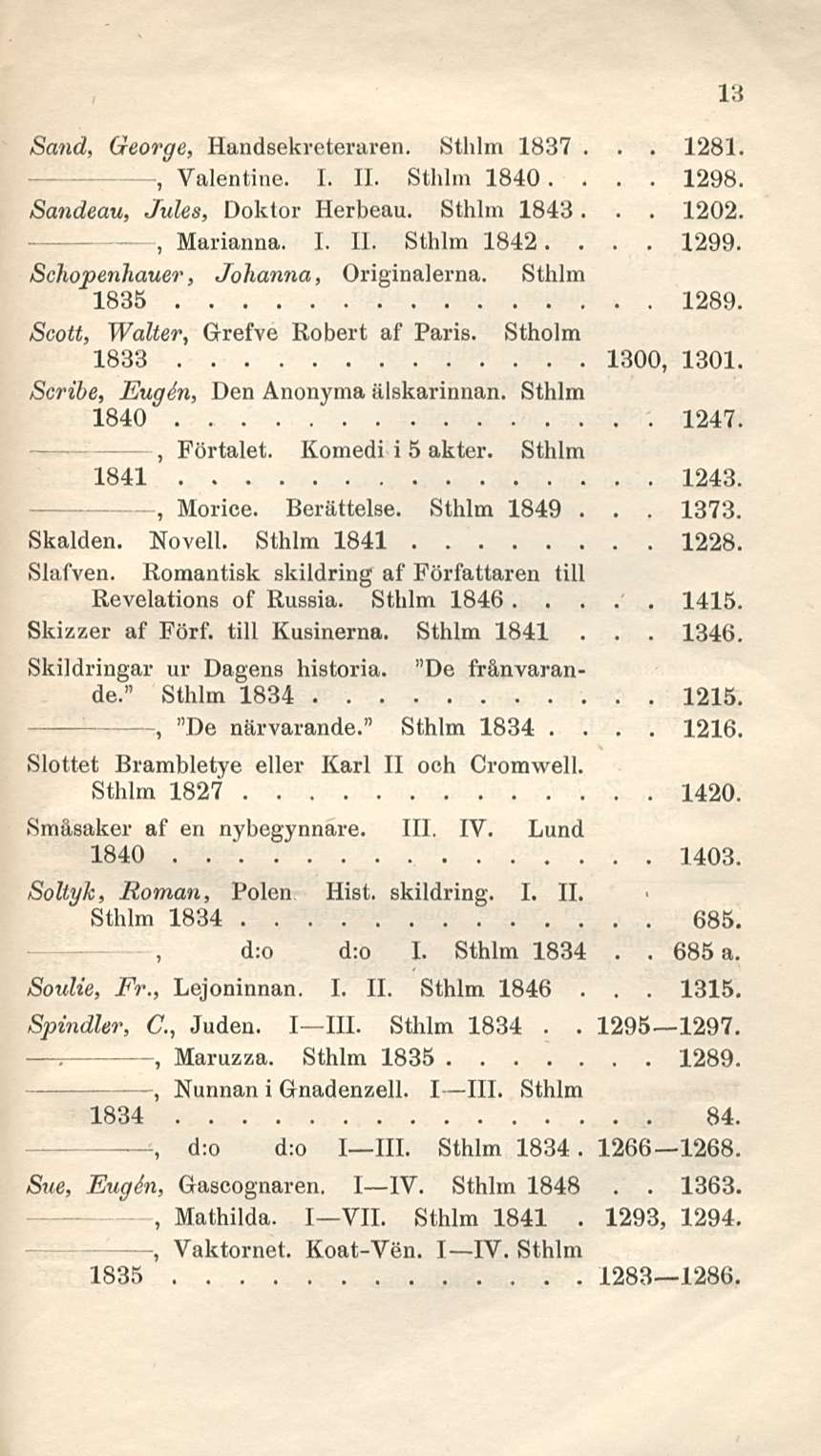 1293 1281 Valentine I 11 1202 Sand George Handsekreteraren Sthlm 1837 Sthlm 1840 1298 Sandeau Jules Doktor Herbeau Sthlm 1843 1299 Marianna I 11 Sthlm 1842 Schopenhauer Johanna Originalerna Sthlm