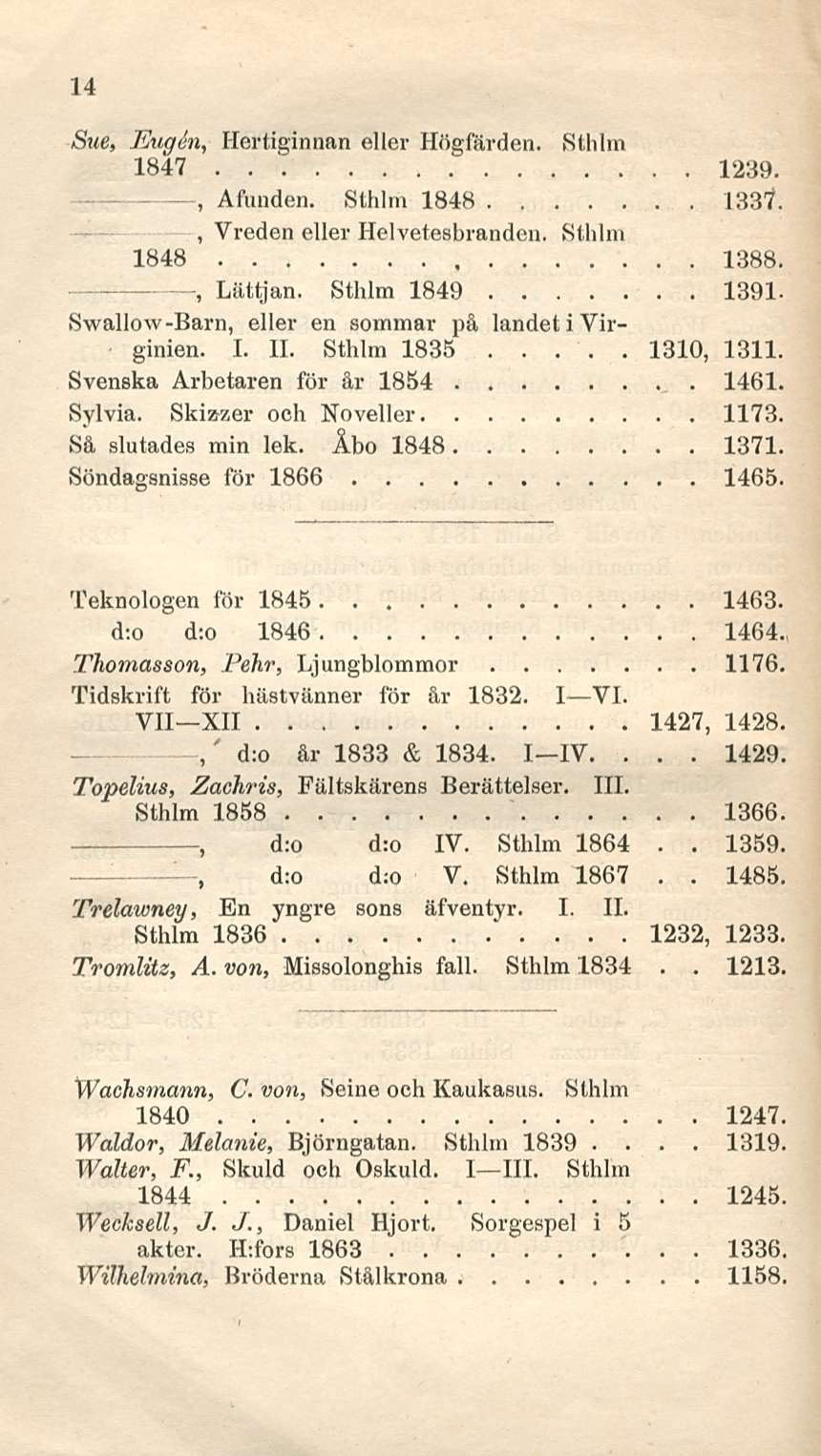 14 1310 Sue JEugSn Hertiginnan ellei- Högfärden Sthlm 1847 1239 Afunden Sthlm 1848 1331 Vreden eller Helvetesbranden Sthlm 1848 1388 Lättjan Sthlm 1849 1391 Swallow-Barn eller en sommar på landet