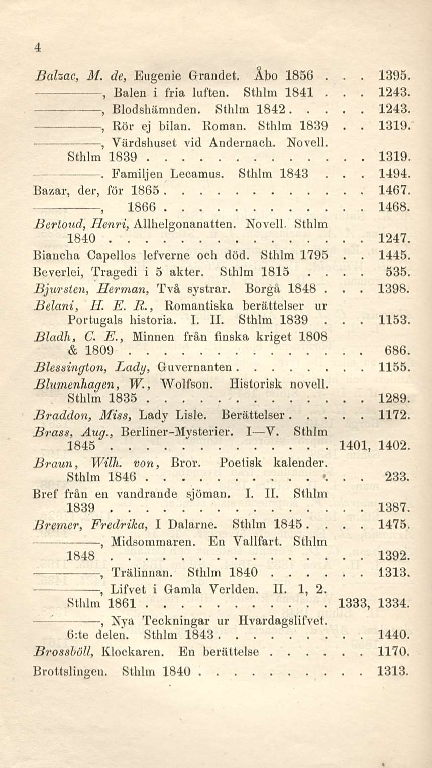 4 Balzac M de Eugenie Grandet Åbo 1856 Balen i fria luften Sthlm 1841 1395 1243 Sthlm 1839 1319 Bazar der för 1865 1467 1445 1398 1153 Bertoud Henri Allhelgonanatten Novell Sthlm 1840 1247 Biancha
