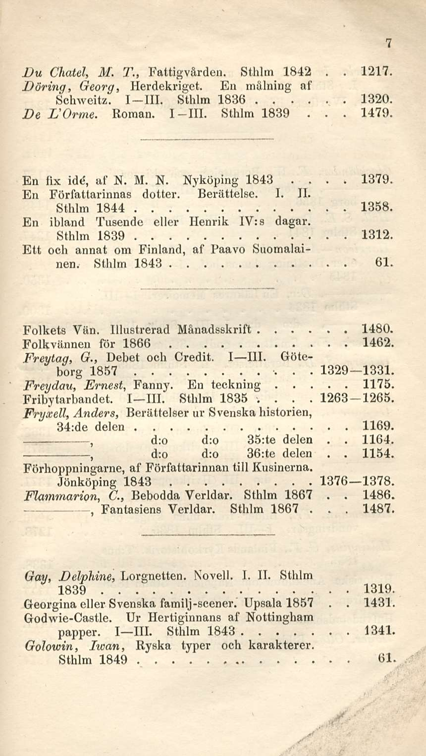 1312 7 Du Chatel M T Fattigvården Sthlm 1842 1217 Döring Georg Herdekriget En målning af Schweitz I III Sthlm 1836 1320 1479 De L'Orme Roman I III Sthlm 1839 7 En fix id«s af N M N Nyköping 1843 1379