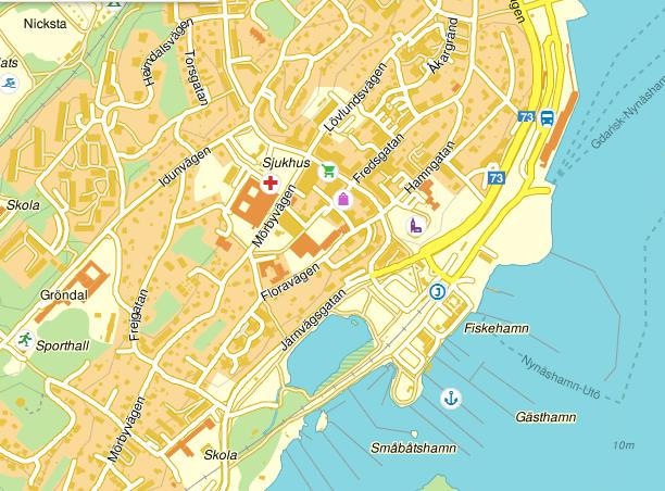 Karta över hamnen i Nynäshamn samt parkeringsmöjligheter Vaxholmsbåten Utö Express avgår