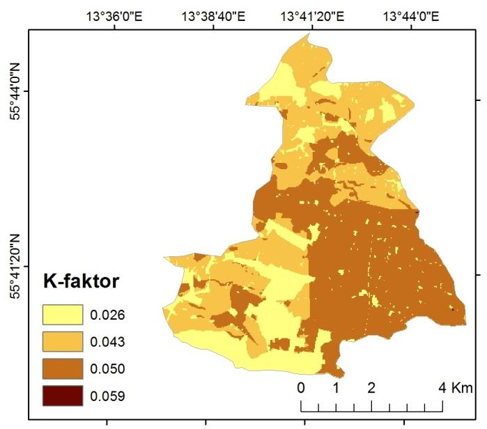 Figur 11. Fördelningen av K-faktorn över Torpsbäckens avrinningsområde efter omklassificering av jordarterna enligt tabell 2.