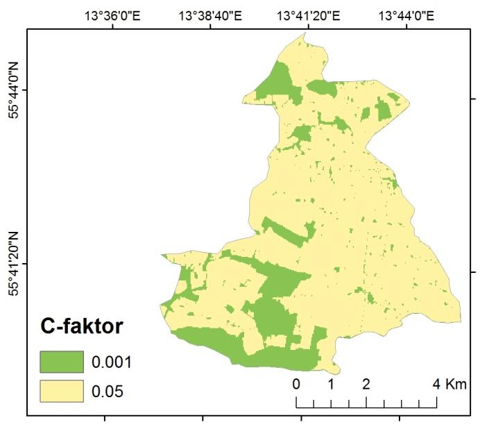 Då jordbruksmark är den markanvändning som riskerar att läcka mest fosfor fick den en C-faktor på 0,05 och övrig mark 0,001 i likhet med Djodjic (2013).