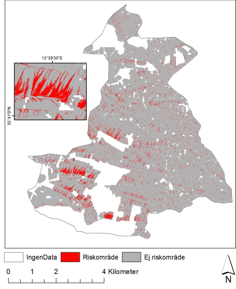 6. Resultat Jämförelse av de två modellernas riskkarteringar Resultaten av riskkarteringarna blev mycket detaljerade där många av riskområdena var mindre medan en del var koncentrerade och större.