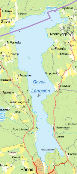 Gavel-Långsjön Gavel-Långsjön inventerades den 9 september med 12 transekter (Tabell 1, Bilaga). Sjön sträcker sig i nord-sydlig riktning och har en tämligen öppen karaktär.