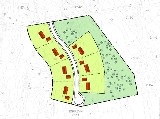 Sida 6 av 10 Illustration över möjlig bebyggelse Offentlig och kommersiell service Service i form av skola och butik finns i Hörnefors ca.8 km från planområdet. Butiker finns också i Nordmaling ca.