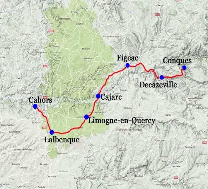 Via Podiensis, Conques - Cahors, 7 nätter 6(9) Svårighetsgrad Vandringen varierar från medel till krävande. Fyra dagar är medel och två dagar är krävande. Upp till 8,5 timmars vandring/dag.