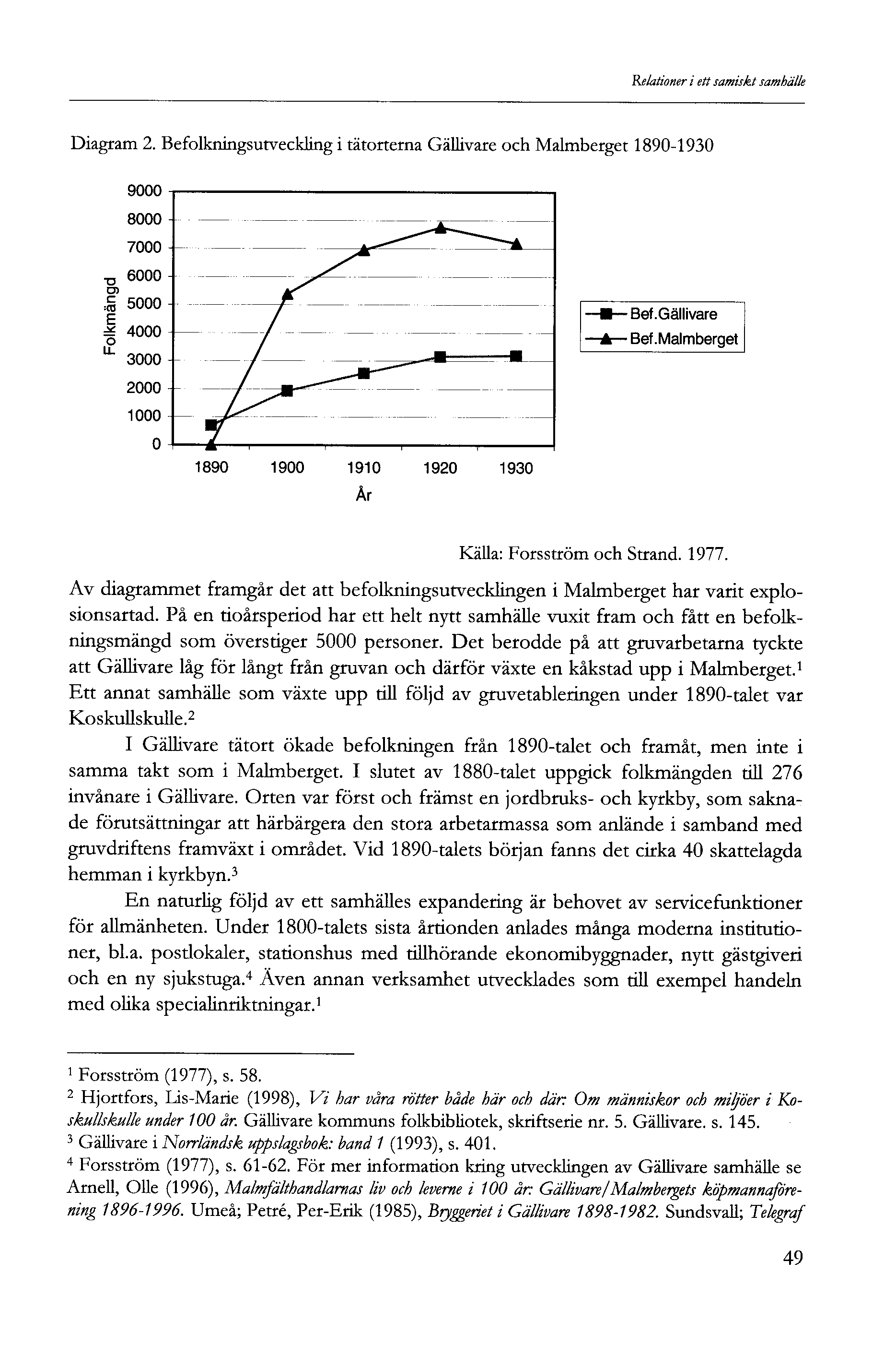 Relationer i ett samiskt samhälle Diagram. Befolkningsutveckling i tätorterna Gällivare och Malmberget 890-90 o F 5000 I 4000 o 000 - Bef.Gällivare -Bef. Malmberget Källa: Forsström och Strand. 977.