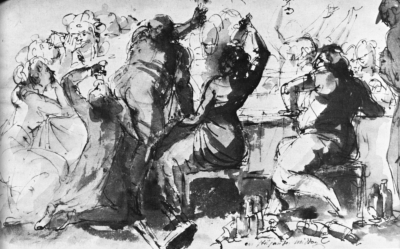 Kårfvar och kåddor och lort 173 En strålande middag! av Johan Tobias Sergel (1740 1814). I Sergels humoristiska och snabba teckningar förmedlas bilden av ett backanaliskt Stockholm.