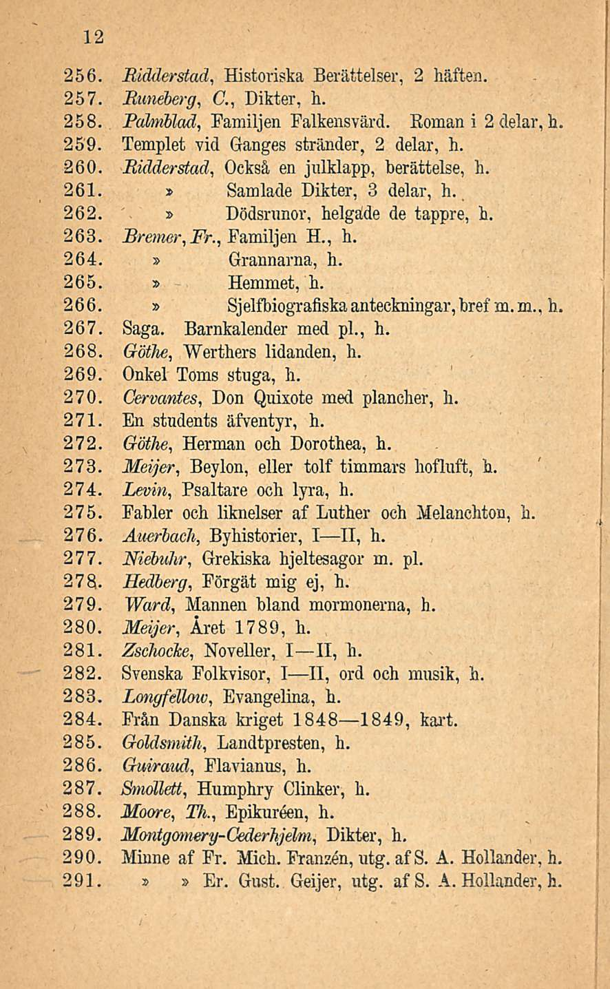 12 256. Bidderstad, Historiska Berättelser, 2 häften. 257. Buneberg, C, Dikter, h. 258. PahnMad, Familjen Falkensvärd. Romani 2 delar, h. 259. Templet vid Ganges stränder, 2 delar, h. 260.