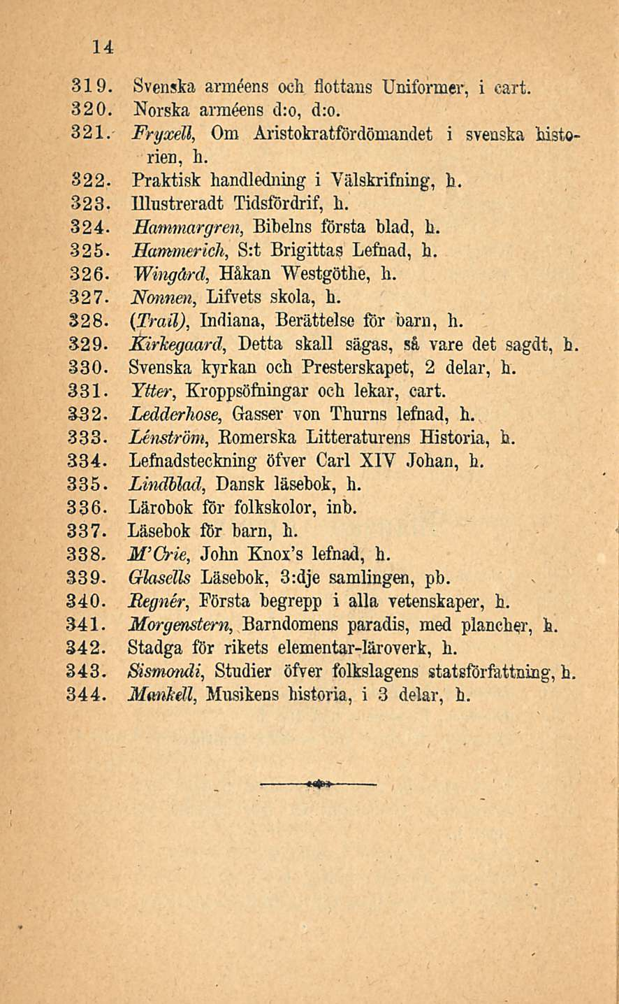 14 319. Svenska armeens och flottans Uniformer, i cart. 320. Norska armeens d:o, d:o. 321. Fryxetl, Om Aristokratfördömanclet i svenska historien, h. 322. Praktisk handledning i Välskrifning, h. 323.