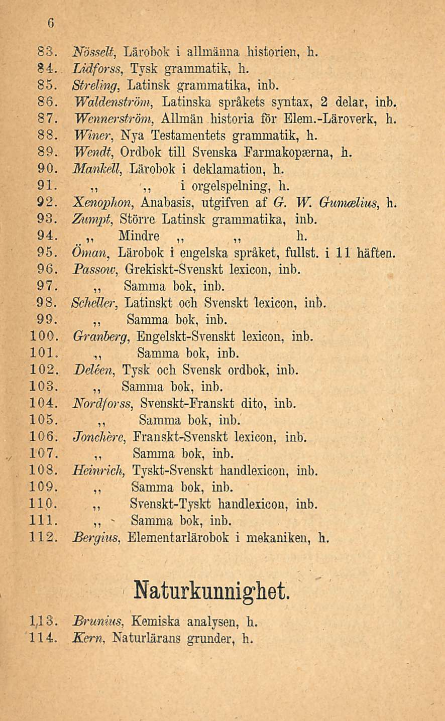 - Samma 83. Nösselt, Lärobok i allmäima historien, h. 84. ladforss, Tysk grainmatik, h. 85. Streling, Latinsk grammatika, inb. 86. Waldenström, Latinska språkets syntax, 2 delar, inb. 87.