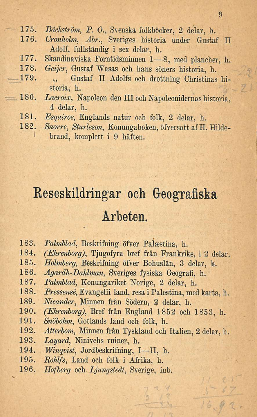 175. Bäckström, P. 0., Svenska folkböcker, 2 delar, h. 176. Cronholm, Mr., Sveriges historia under Gustaf II Adolf, fullständig i sex delar, h. 177.