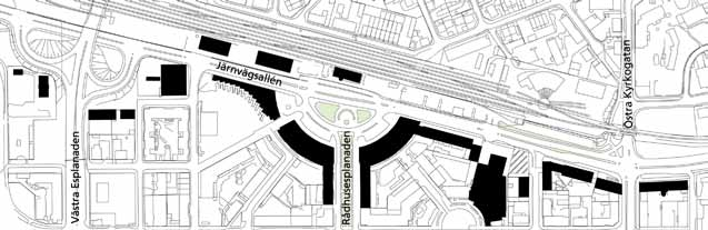 8 Järnvägsallén från genomfartsled till stadsgata Järnvägsallén västerut från korsningen vid Östra Kyrkogatan. Alléträden till höger bidrar till en positiv upplevelse av gaturummet.